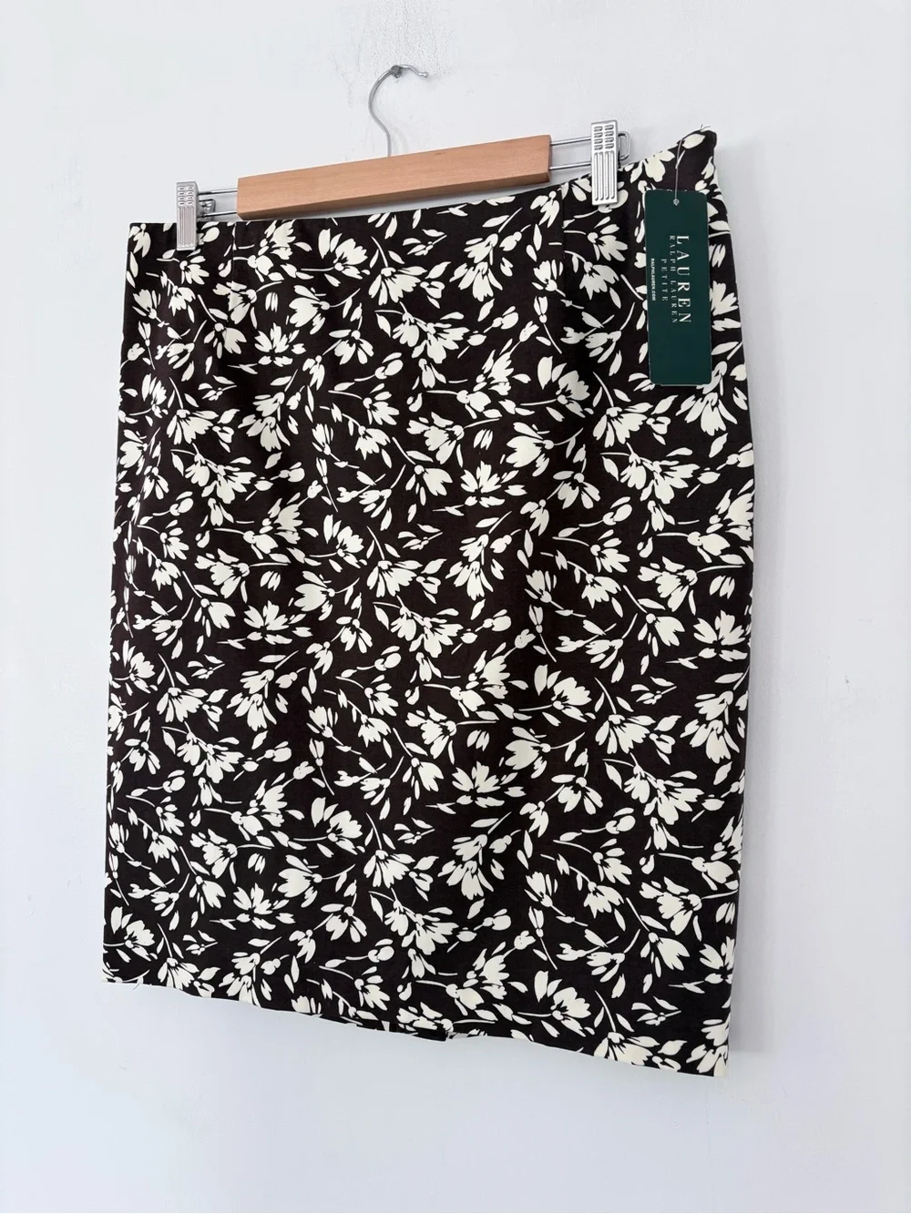 LAUREN RALPH LAUREN 12P Brown Cream Floral Pencil Skirt NWT Side Zip Back Slit